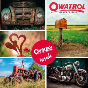 Collage mit Oldtimern, Briefkasten und Deko, behandelt mit OWATROL Öl Rostschutz.