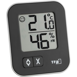 Digitales Thermo-Hygrometer Moxx von TFA, schwarz, mit Anzeige von Temperatur, Luftfeuchtigkeit und Komfortzone.