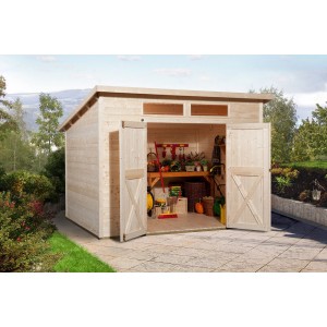 Unbehandeltes Weka Holz-Gartenhaus mit Pultdach und geöffneten Doppeltüren. Holzmaserung sichtbar.