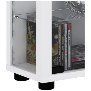 Detailaufnahme: Weiße ebuy24 Lumo Maxi Vitrine mit Glasböden und CDs.