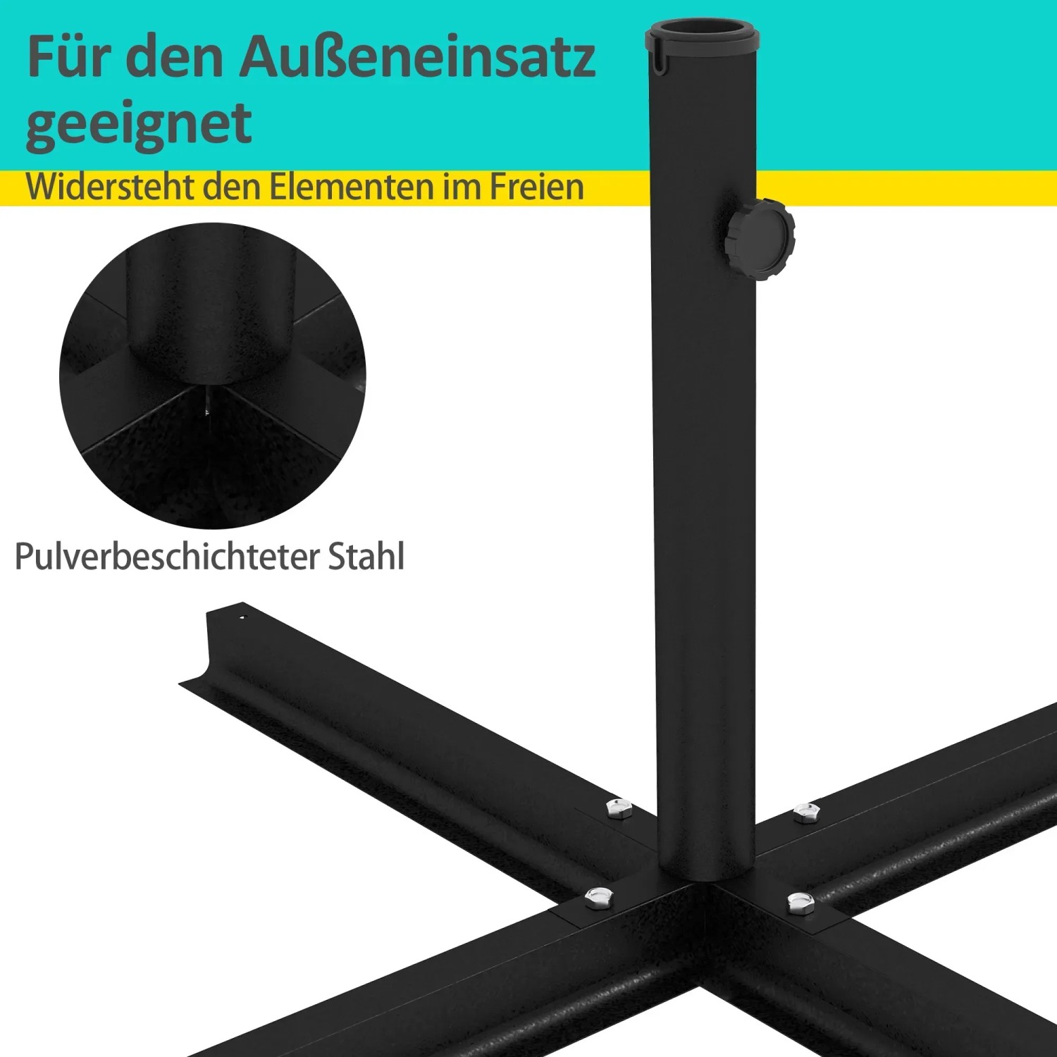 Schwarzer Outsunny Sonnenschirmständer aus Metall mit Kreuzfuß für den Garten.