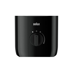Detailaufnahme: Schwarzer Braun PowerBlend3 Standmixer mit Drehknopf.