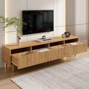 Moderner TV Schrank aus MDF in Holzoptik mit 4 geriffelten Schubladen und offenen Fächern für Stauraum.