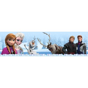 Disney Eiskönigin Bordüre, selbstklebend, mit Anna, Elsa, Olaf, Kristoff und Sven vor Winterlandschaft.