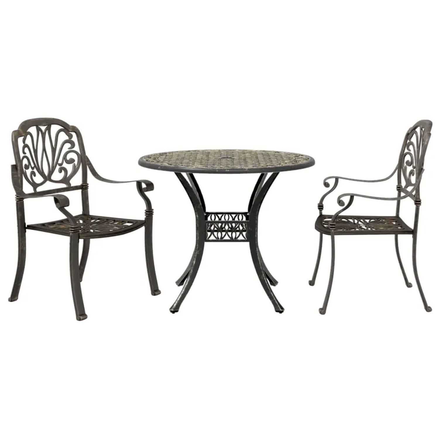Bronzefarbenes 3-tlg. Bistro-Set aus Aluminiumguss für Garten, Terrasse oder Balkon.