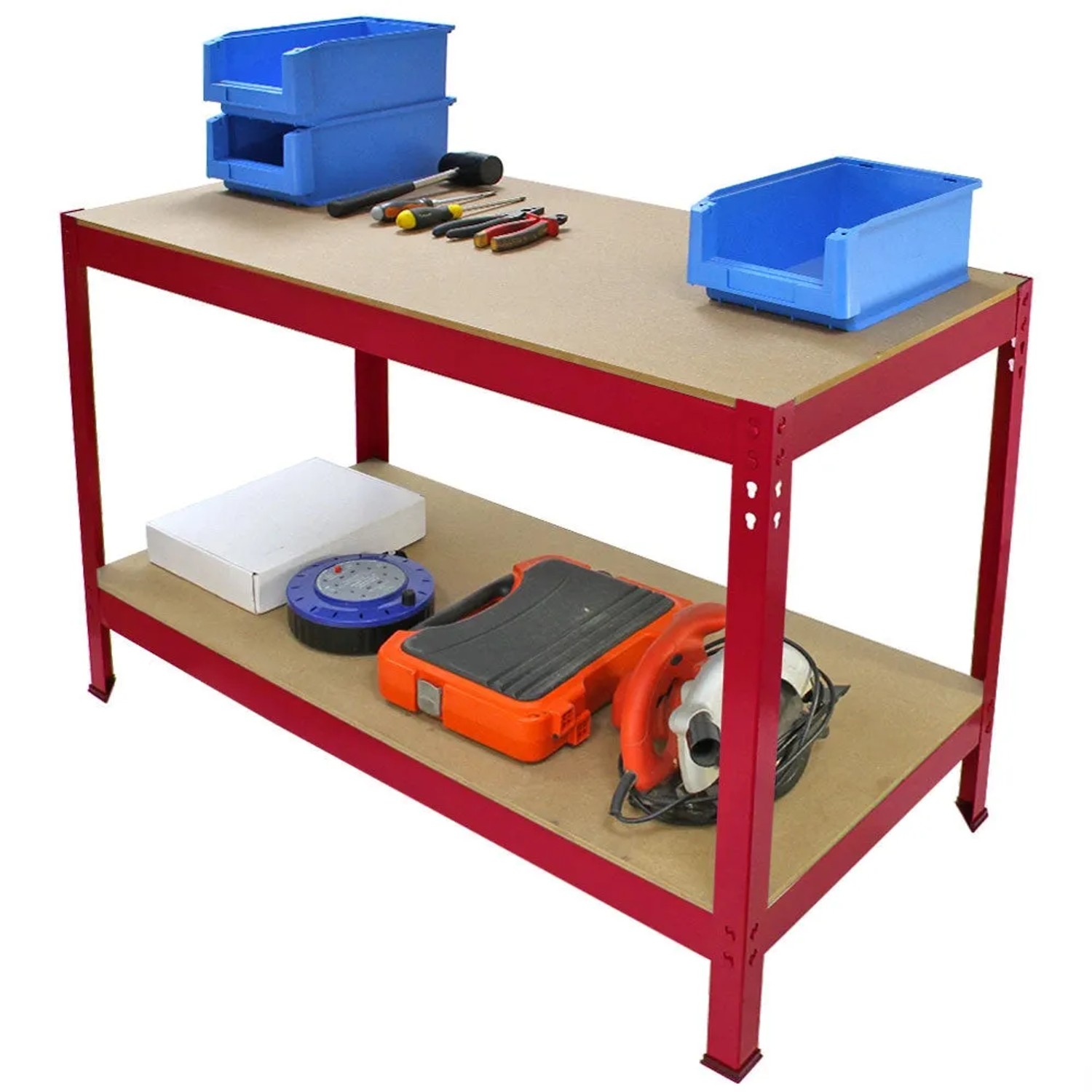 Monstershop Q Rax Werkbank 100cm, rot, mit zwei Ablagen und Werkzeug.