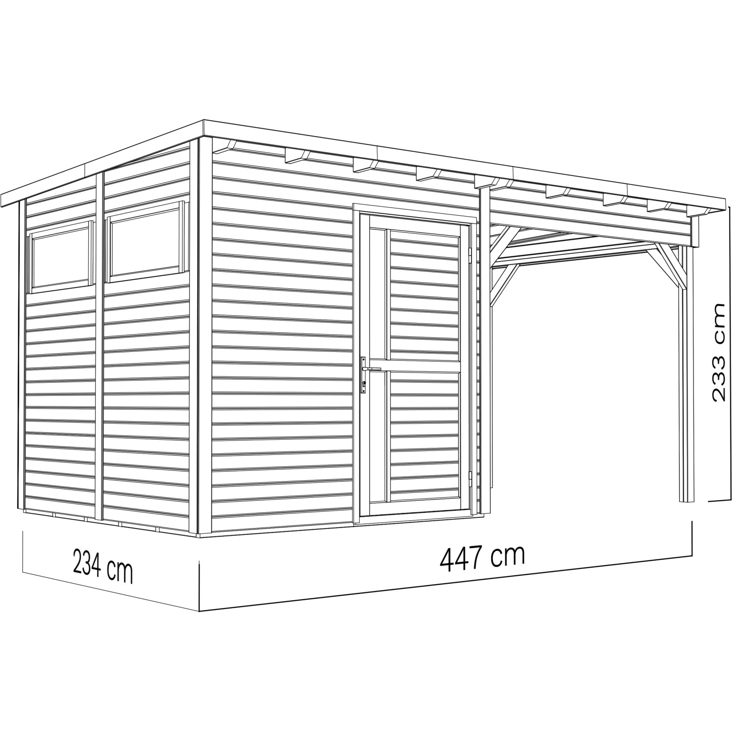 Graues Bertilo Gartenhaus Pentus 2 Lounge mit Anbau, Maße 234x447 cm, aus Holz.