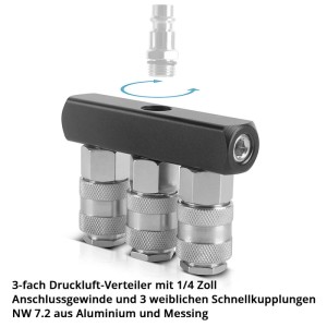 STAHLWERK 3-fach Druckluft-Verteiler, Aluminium/Messing, 3 Schnellkupplungen 1/4 Zoll, bis 35 bar für Kompressoren.