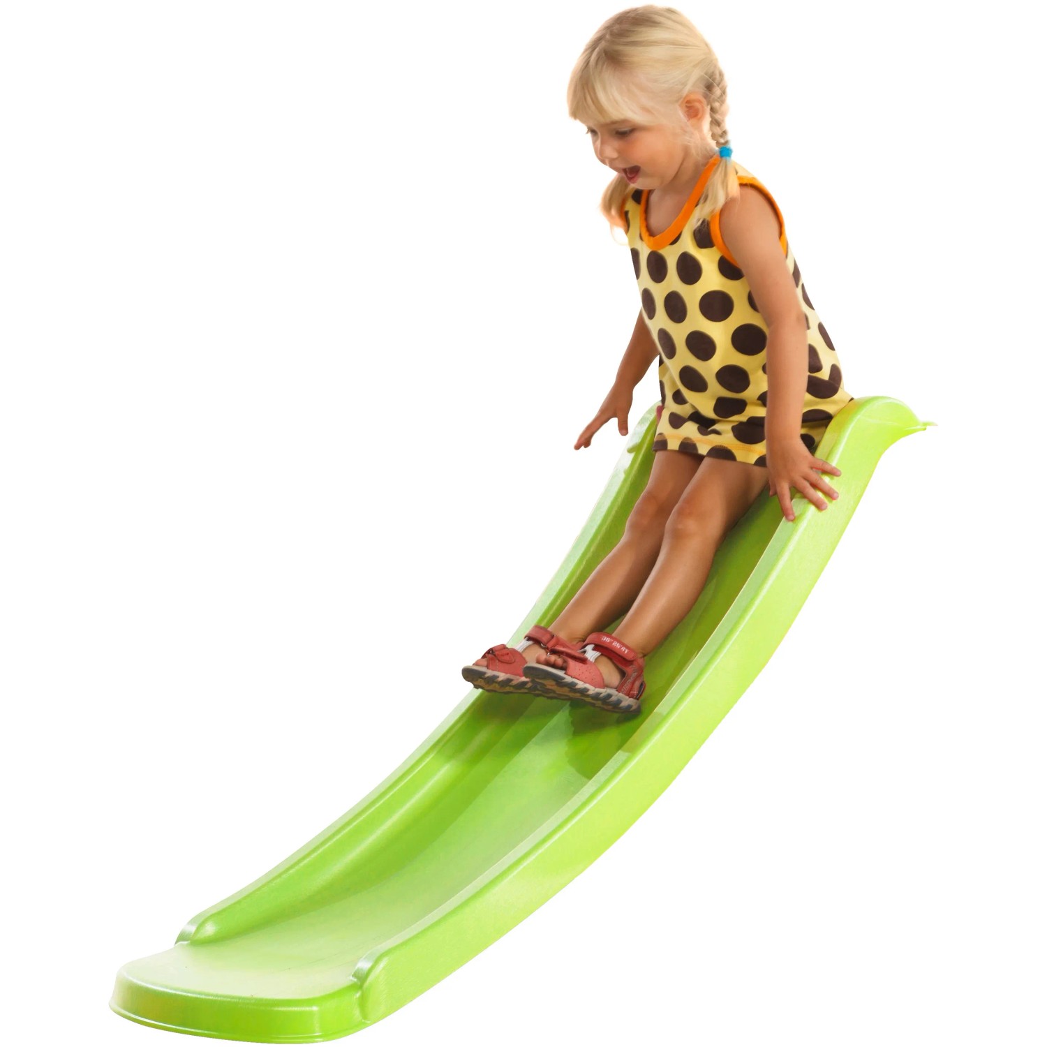 Kind rutscht auf lindgrüner Axi Sky120 Rutsche. Spielplatzgerät für Kinder.