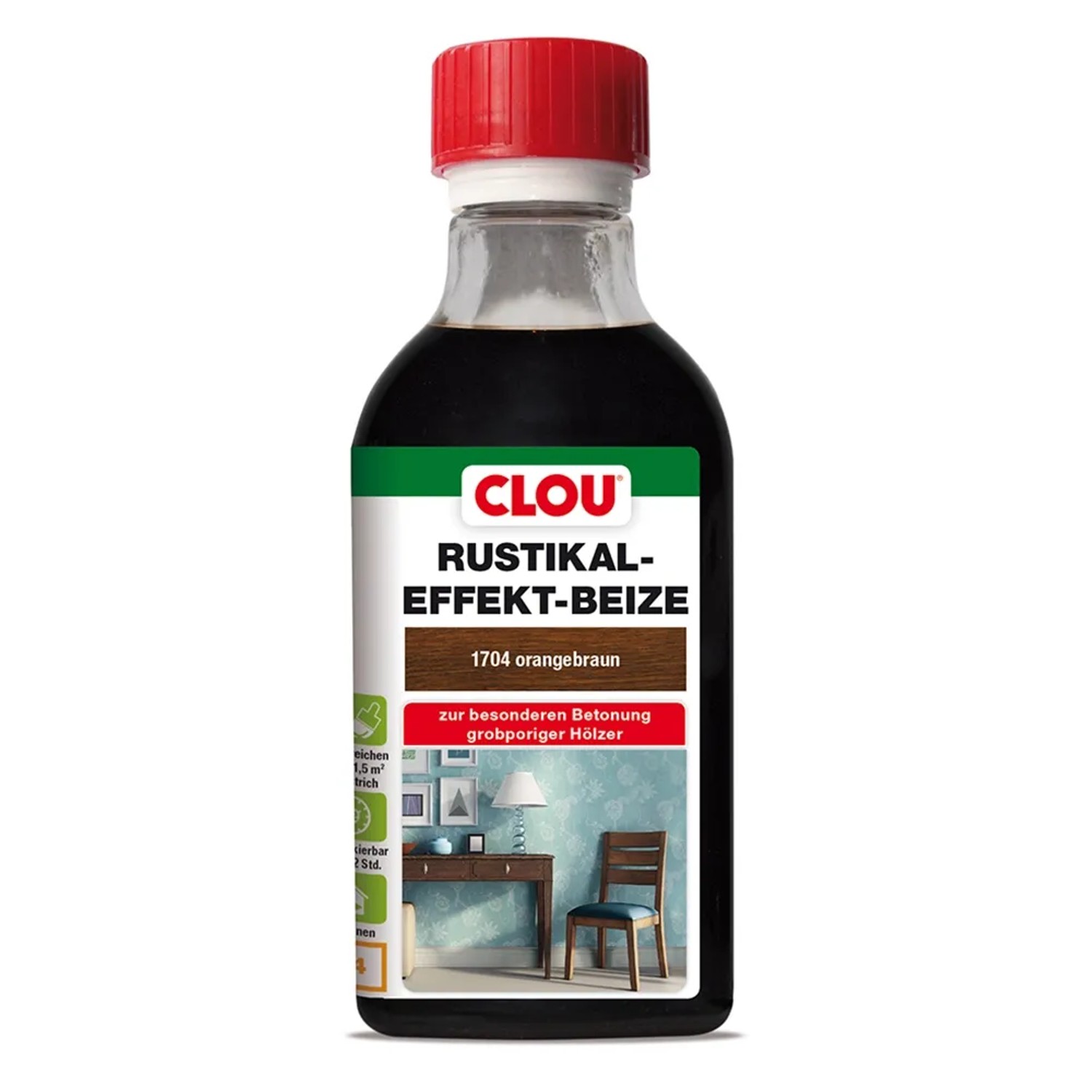 Clou Rustikaleffekt-Beize in Orange-Braun, 250ml Flasche für grobporige Hölzer.
