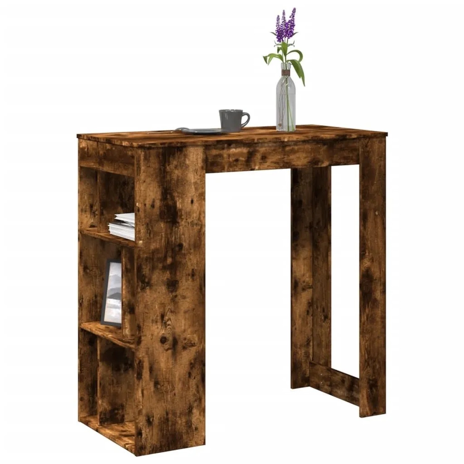 Bartisch Räuchereiche aus Holzwerkstoff mit integriertem Regal und 6 Fächern. Moderner Stehtisch für Wohnräume.