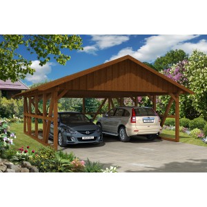Skan Holz Carport Schwarzwald in Nussbraun mit zwei geparkten Autos.