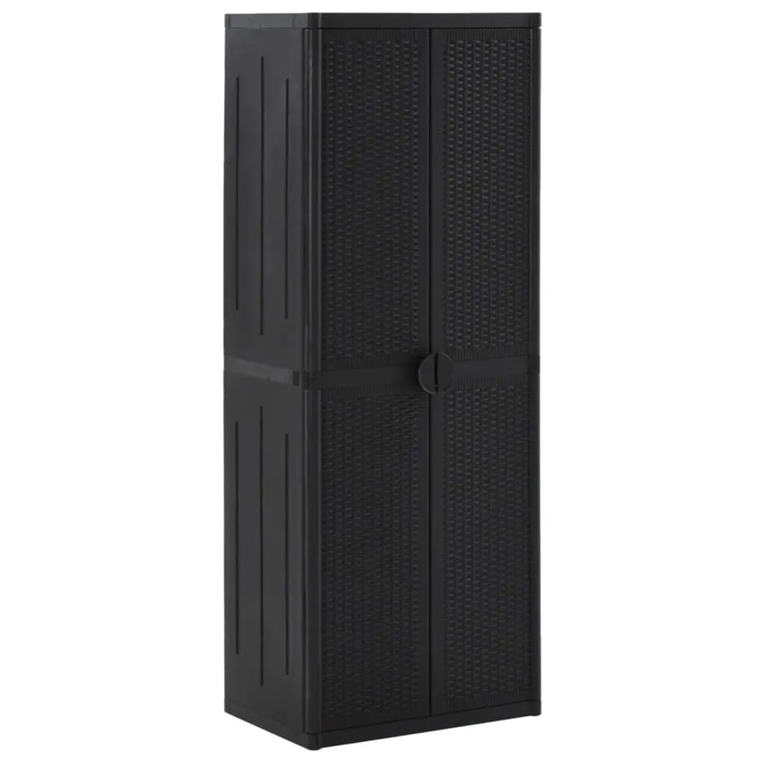 Schwarzer vidaXL Gartenschrank (65x45x172 cm) aus PP Rattan mit zwei Türen.
