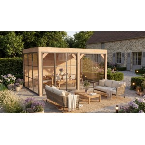 Moderne weka Gartenlaube Lumley aus Fichte mit Glas-Schiebetüren auf Terrasse. Geschützter Outdoor-Wohnraum mit Flachdach.