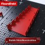 Floordirekt Werkzeugwand Parker Lochwand Set mit rotem Werkzeughalter vor schwarzer Lochplatte.