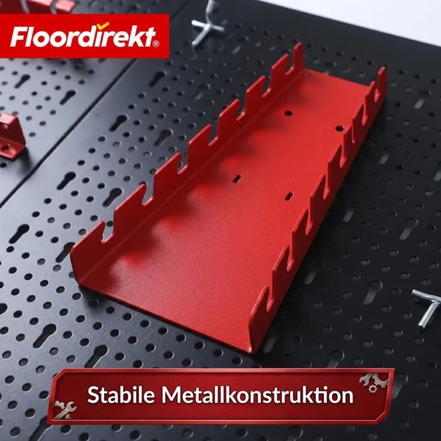 Floordirekt Werkzeugwand Parker Lochwand Set mit rotem Werkzeughalter vor schwarzer Lochplatte.