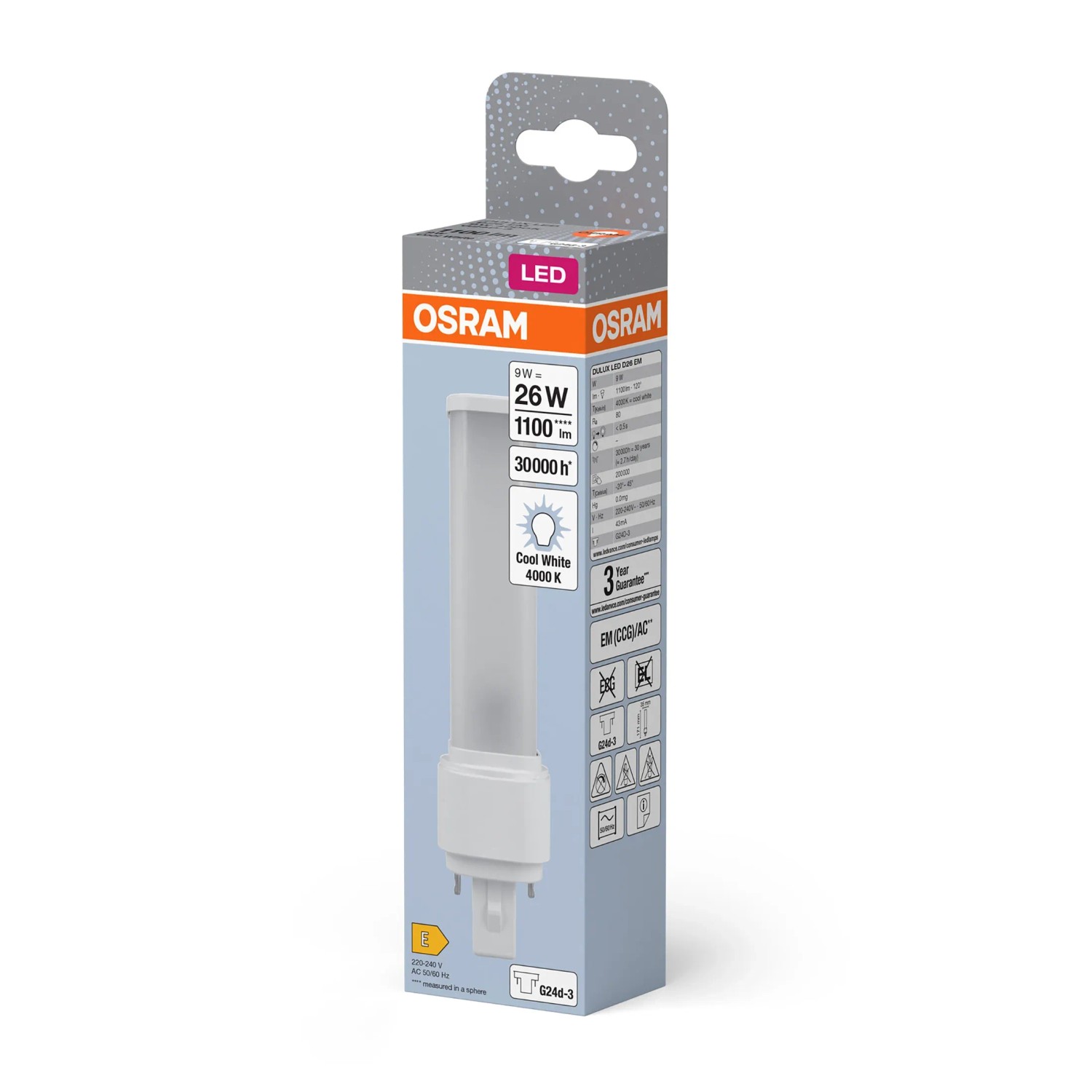 Osram LED-Leuchtmittel G24d-3 in Röhrenform, 9W, 1100lm, verpackt.