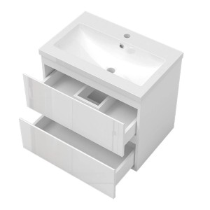 Weißer Hochglanz Waschtisch 60cm mit Keramik Waschbecken und offenem Unterschrank mit zwei Schubladen.