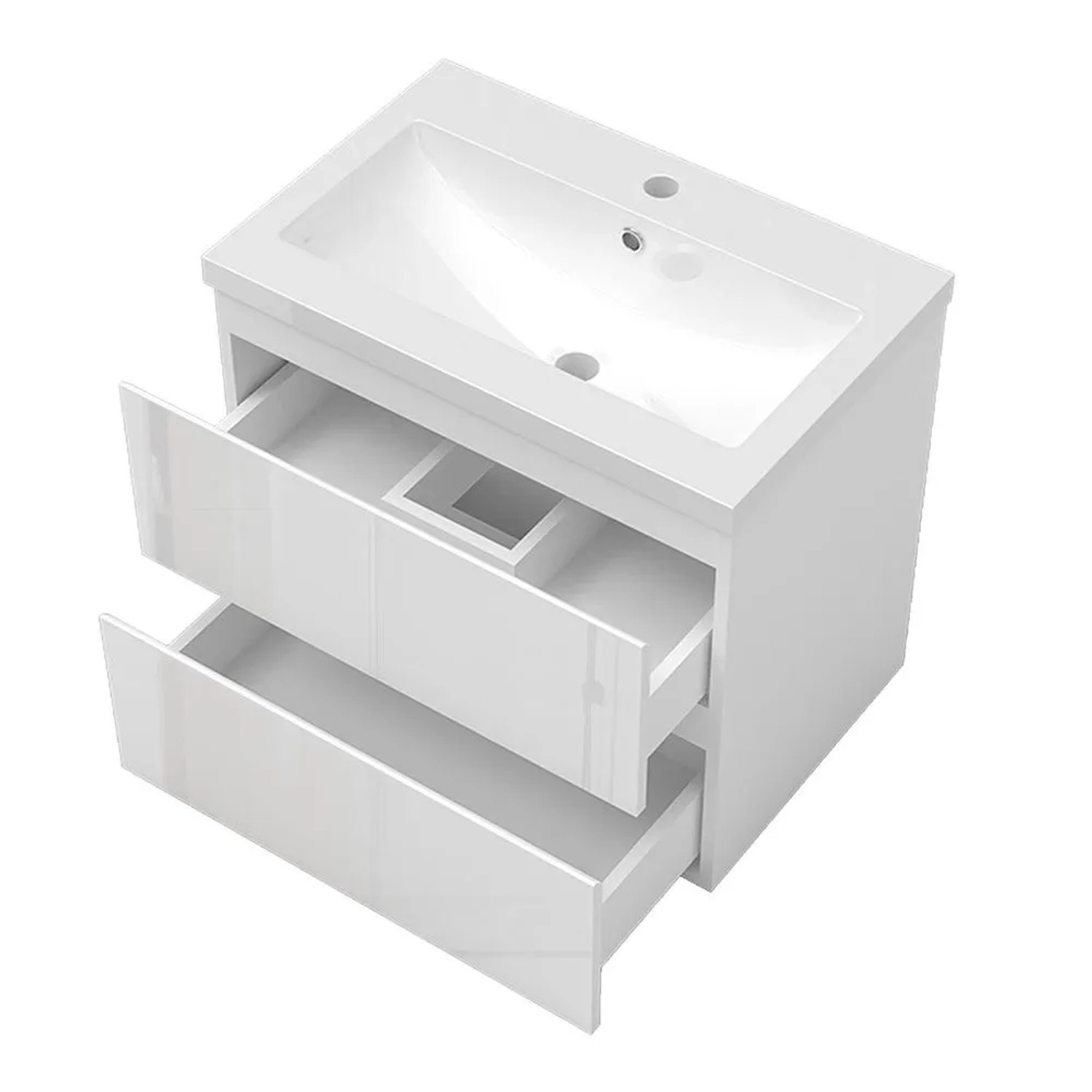 Weißer Hochglanz Waschtisch 60cm mit Keramik Waschbecken und offenem Unterschrank mit zwei Schubladen.