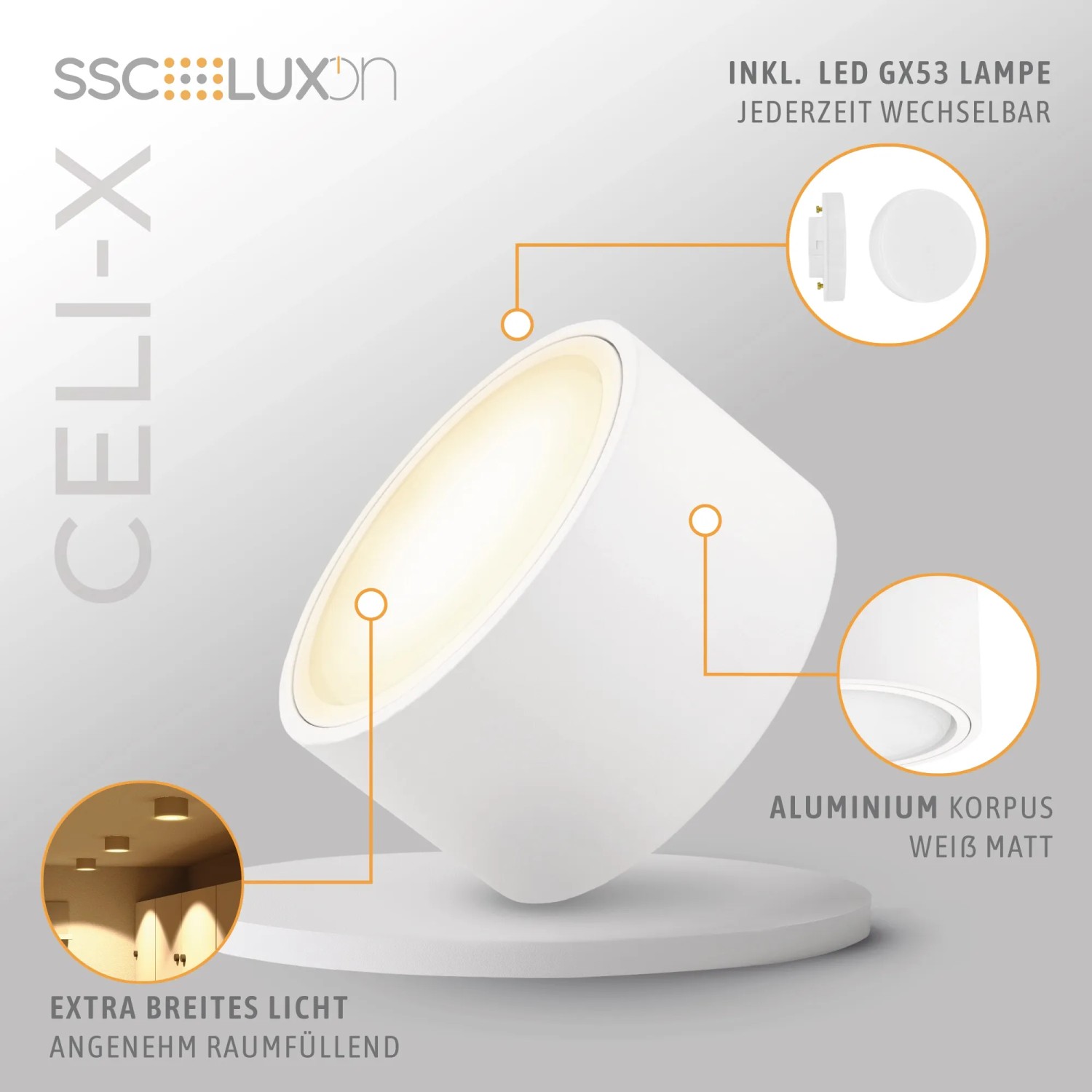 Weißer LED Aufbauspot (4er Set) mit warmweißem Licht, geeignet für Deckenmontage in Wohnräumen.