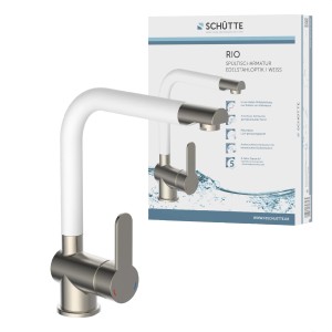 Schütte Küchenarmatur Rio, Einhebelmischer in Edelstahloptik-Weiß mit hohem Auslauf.
