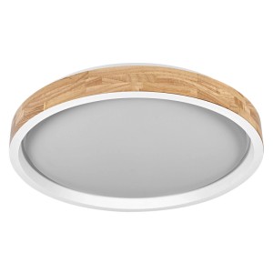Runde LED-Deckenleuchte mit Holz-Ring und weißem Metallgehäuse. Modernes Design für Wohnzimmer, Esszimmer, Schlafzimmer.