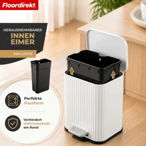 Weißer Floordirekt Miles Treteimer mit Rillenstruktur. Offener Deckel zeigt herausnehmbaren schwarzen Inneneimer.