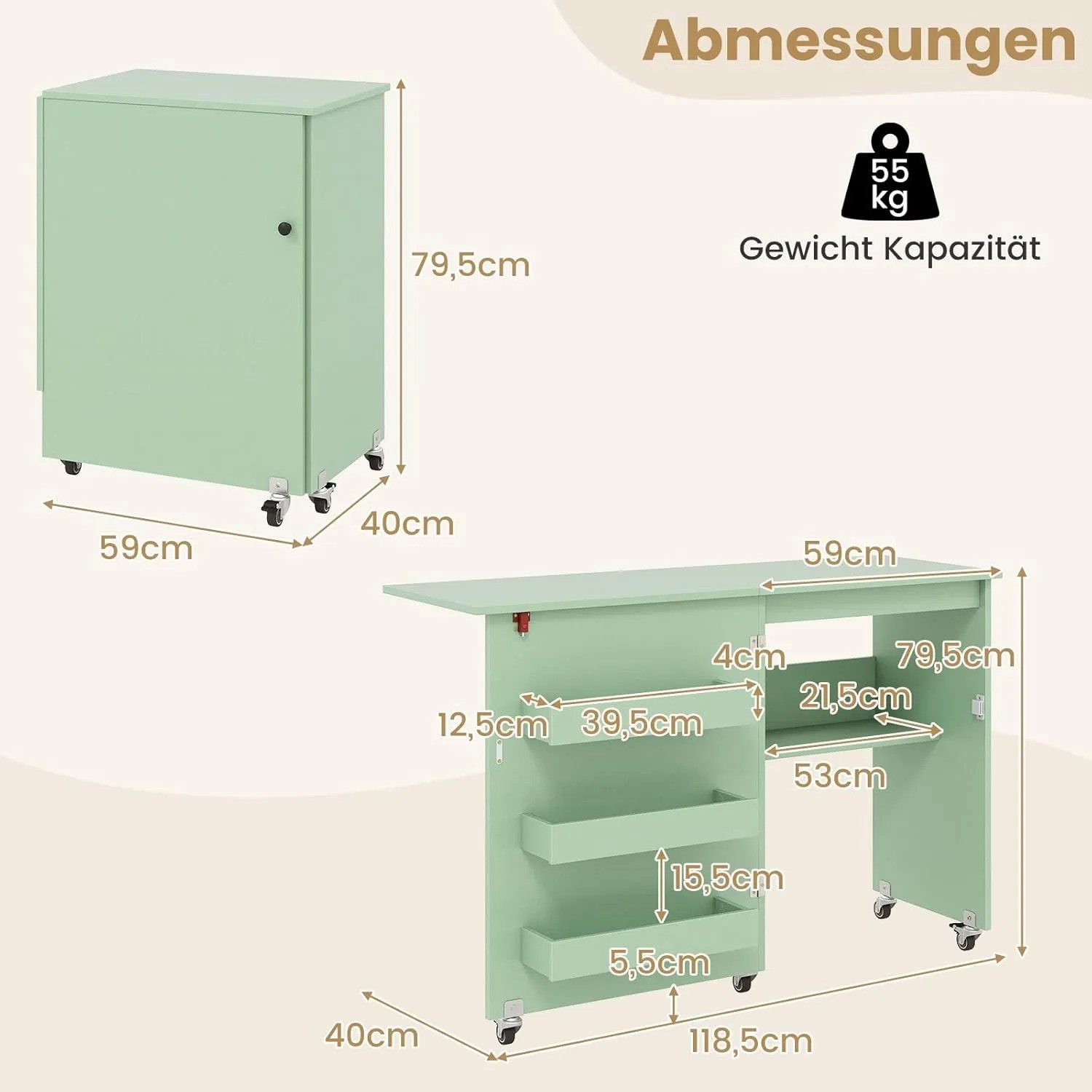 Grüner klappbarer Nähtisch auf Rollen, als kompakter Schrank und ausgeklappt mit Arbeitsfläche und Regalen.