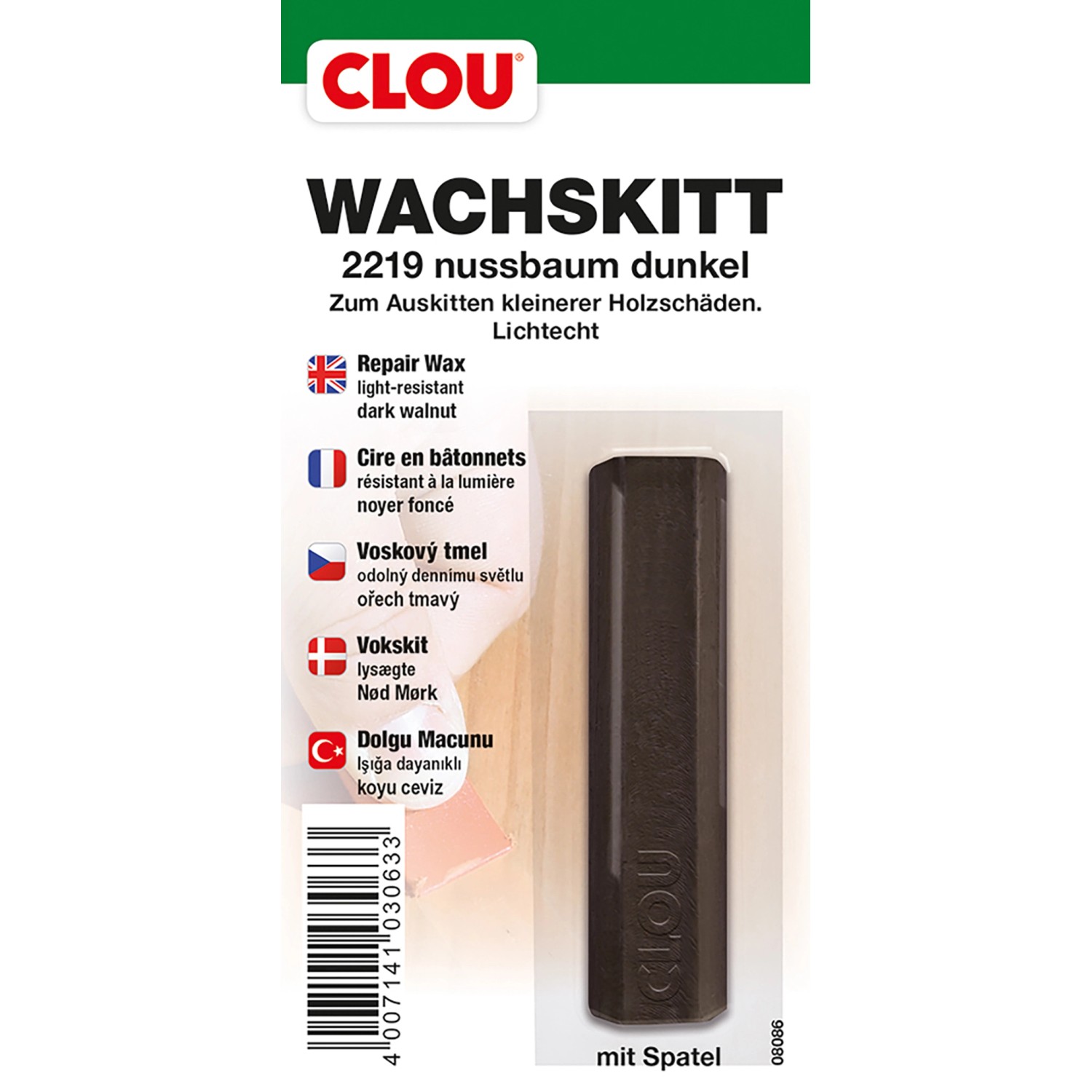 Clou Wachskitt Nussbaum Dunkel 15g zum Ausbessern von Holz, Farbe Nussbaum Dunkel.