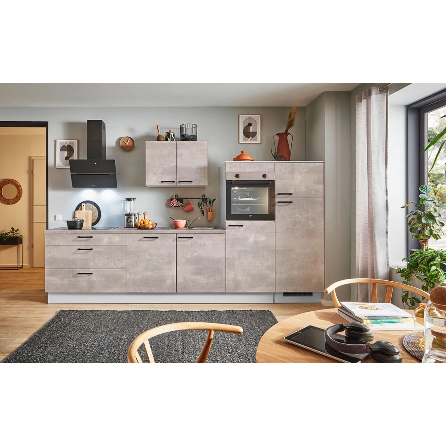 pino Küchenzeile 320 cm Beton Perlgrau Anschlag rechts 2 Geräteschränke