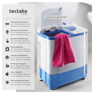 Tectake Mini-Waschmaschine mit Schleuder, zwei Kammern, blau-weiß, mit Handtuch.