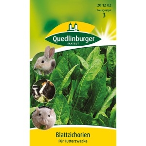 Quedlinburger Blattzichorie Samenpackung mit Kaninchen, Meerschweinchen und Hamster. Futterpflanze.