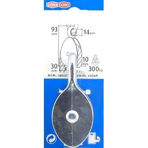 Conacord Seilrolle, Stahl, einfache Ausführung, Länge 93 mm, max. 300 kg Belastbarkeit.