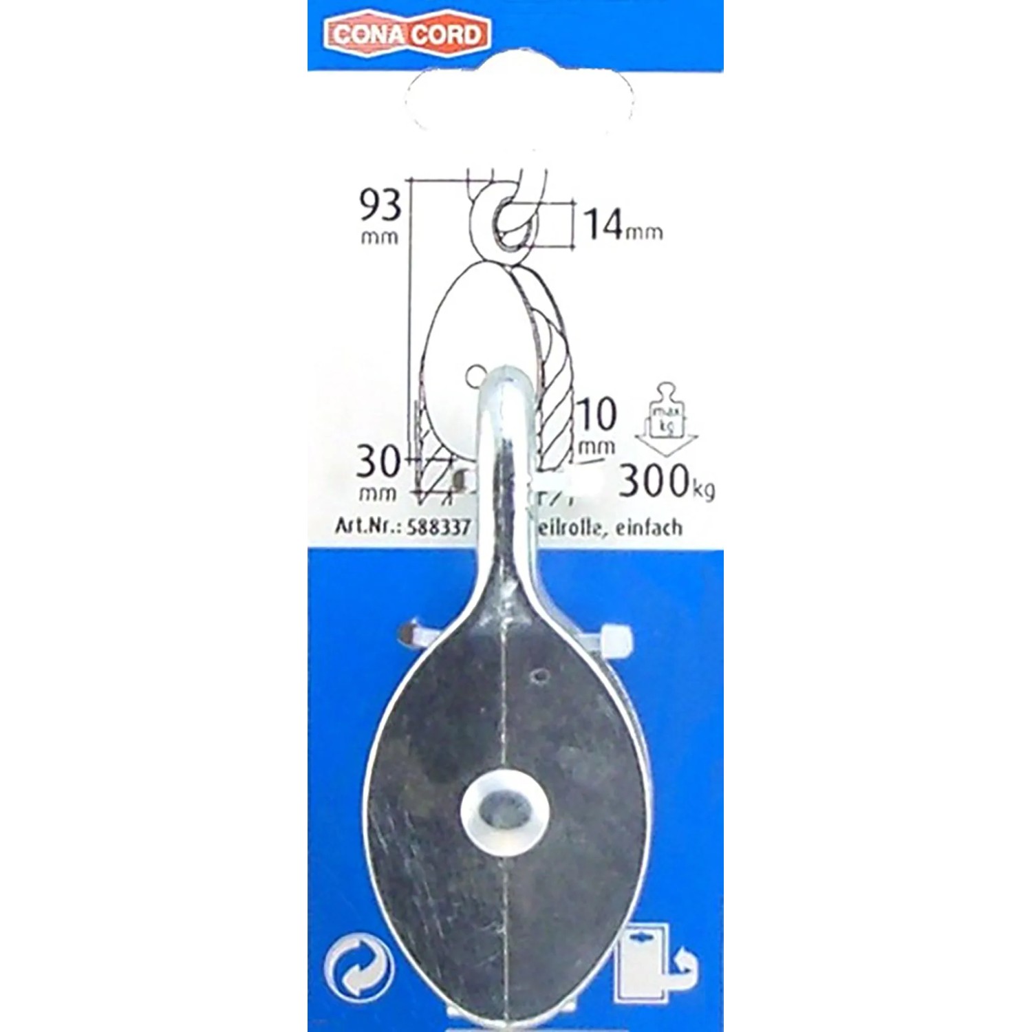 Conacord Seilrolle, Stahl, einfache Ausführung, Länge 93 mm, max. 300 kg Belastbarkeit.