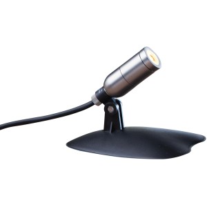 Heissner LED-Spot für Teich, Pool und Garten, 1 Watt, warmweiß, mit Edelstahlgehäuse und schwarzem Standfuß.