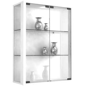 Wandhängender, weißer Vitrinenschrank Udina mit Glastüren und Glasböden.
