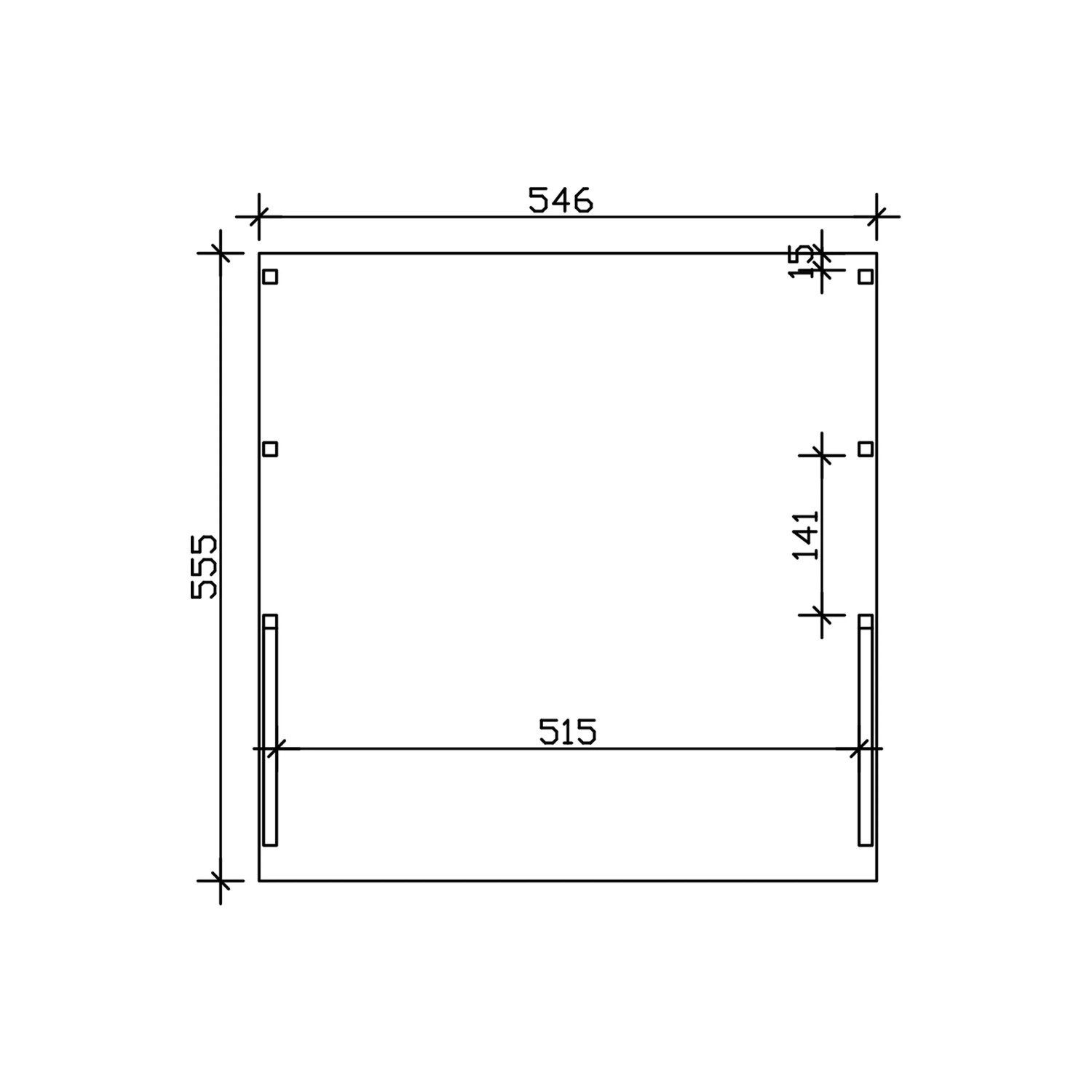Technischer Grundriss Skan Holz Carport Friesland, Maße 546x555 cm, mit Einfahrtsbögen.