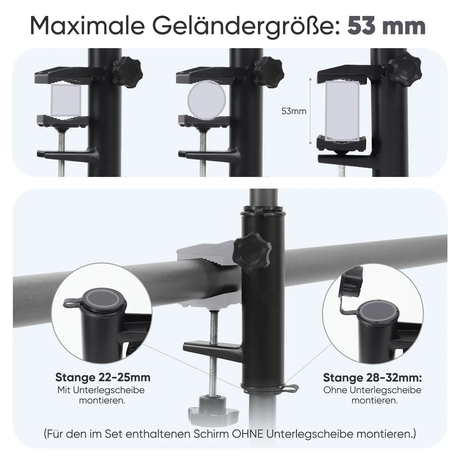 Details zur Geländerbefestigung des Sekey Sonnenschirms, verschiedene Stangendurchmesser.