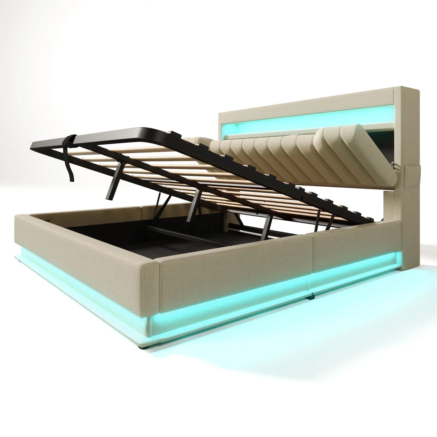 Merax Polsterbett 140x190cm LED USB-C Hydraulik Beige