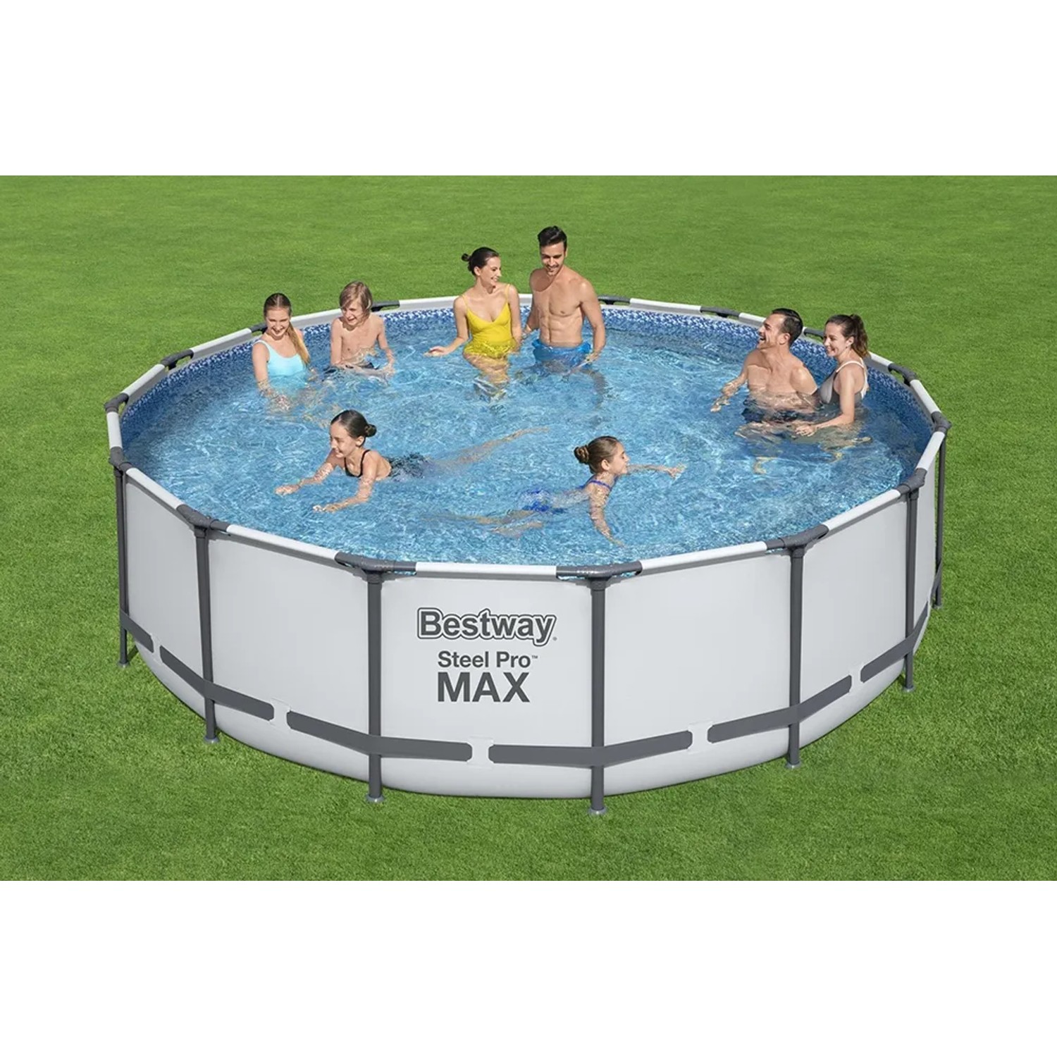 Bestway Stahlrahmen-Pool Set Steel Pro Max, Ø 488 cm, mit Badegästen im Garten.