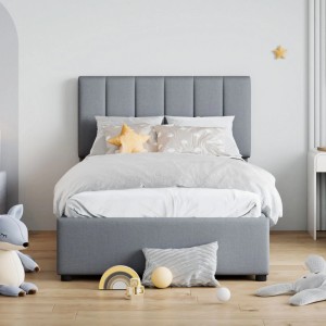 Graues okwish Polsterbett 90x200 mit Bettkasten für Kinderzimmer.