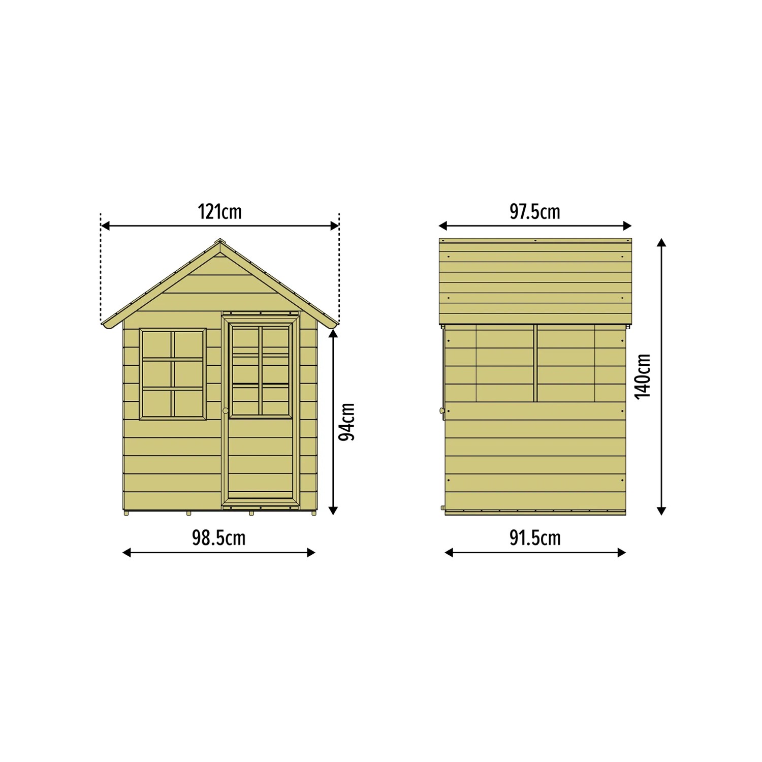 Skizze des Zwerkules Spielhaus Holla mit Maßangaben, aus Holz und mit Fenster.