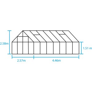 Skizze des schwarzen Halls Magnum 148 Gewächshauses (11,5 m²) mit Maßangaben.