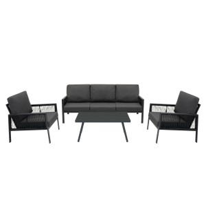 Jardi 4-teilige Aluminium Sofagarnitur mit Rattan-Box in Anthrazitgrau: Sofa, Sessel, Tisch.