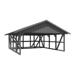 Grauer Skan Holz Carport Schwarzwald mit Dachschalung und Abstellraum.