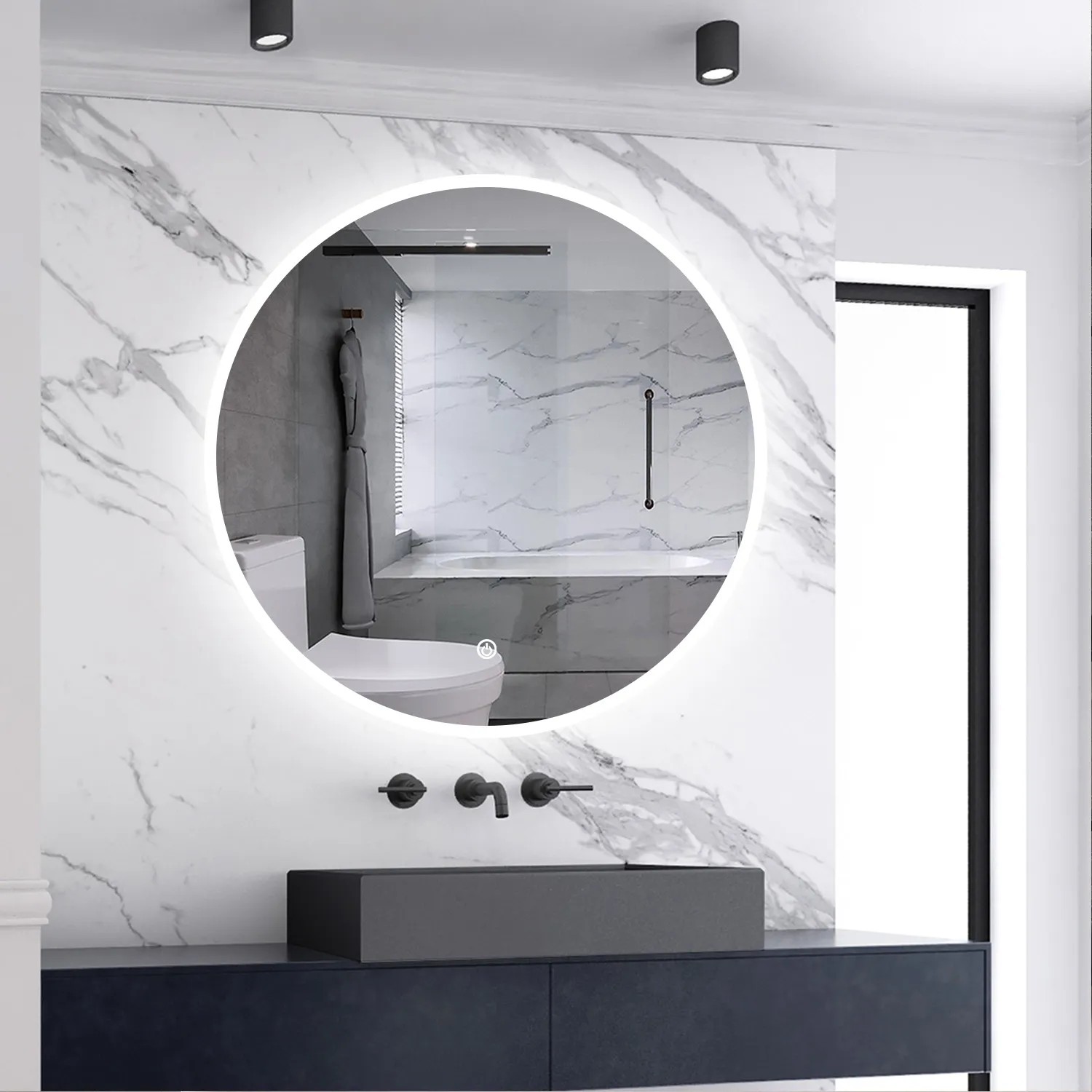 Runder Aica Sanitär Badspiegel, 70 cm, mit LED-Beleuchtung und Touch-Funktion im Badezimmer.