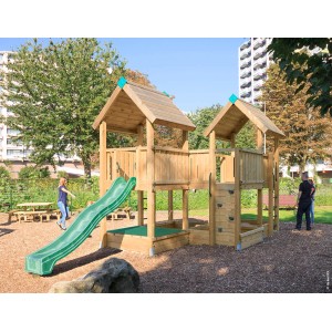 Hy-Land Spielgerät P6 mit Rutsche aus Kiefernholz, mit Kletterwand und Sandkästen.