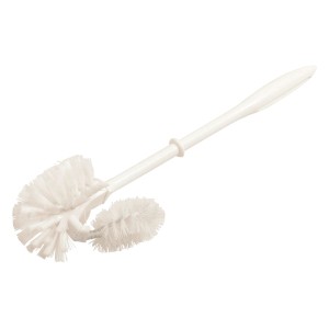 Weiße WC-Bürste mit Randreiniger für die gründliche Reinigung der Toilette.