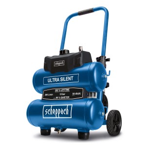 Scheppach Ultra Silent HC20Si Twin Kompressor mit 20 Liter Tank und blauem Rahmen.