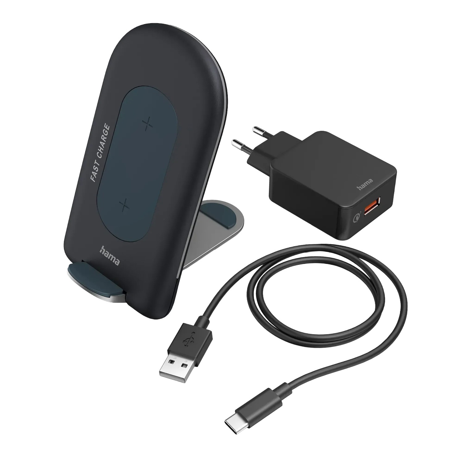 Hama Wireless Charger-Set, QI-FC15S, kabellose Ladestation 15W in Grau mit Ladekabel und Netzteil.